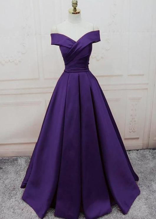 Simple blue off shoulder satin long prom dress, floor length evening dress main image 1