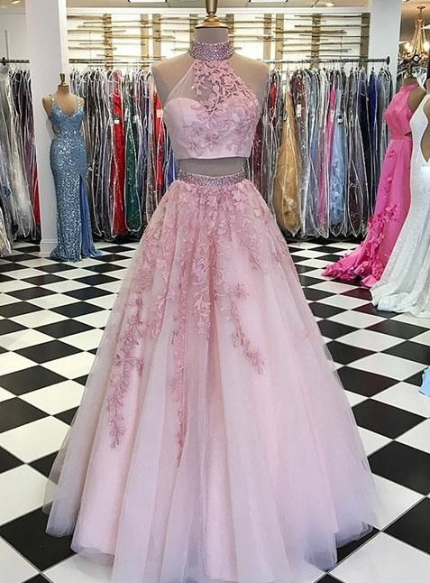 Two Pieces Pink Lace Tulle Long Prom Dress
