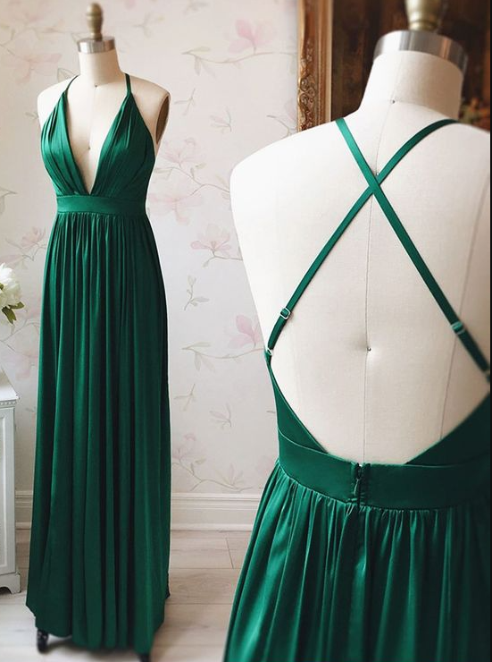 V Neck Emerald Green Backless Prom Dresses