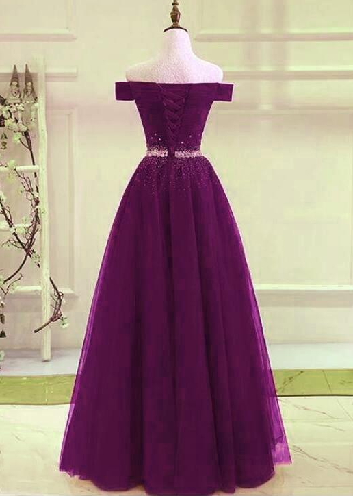 Off Shoulder Dark Purple Beaded Tulle Prom Dress on Luulla