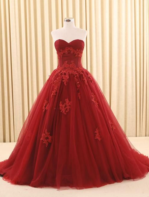 Dark Red Ball Gown Lace Prom Dress