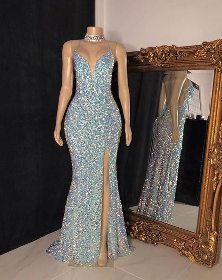 Plunge V Neck Sequins Long Evening Dress Sexy Prom Dress  Y47 main image 1