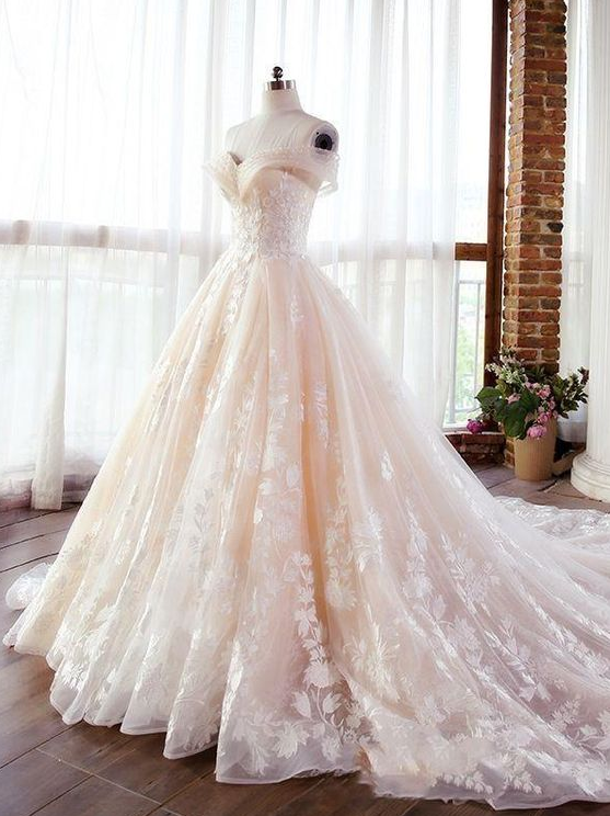 Off Shoulders Luxury Champagne Lacepoofy Ball Gown For Wedding
