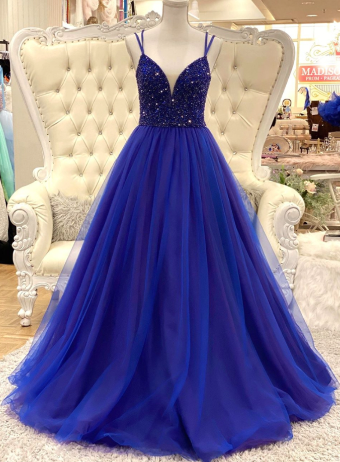 A Line Blue Tulle Beads Long Prom Dress Evening Dress