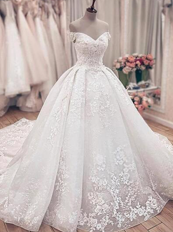 Gorgeous Off The Shoulder Lace Ball Gown Wedding Dresses Princess