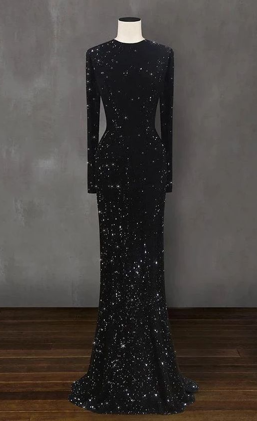 Elegant Black Round Neck Long Sleeves Evening Dress
