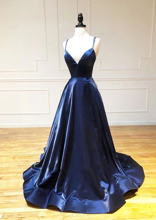 Classy A Line Spaghetti Straps Navy Blue Slit Formal Prom Gown Summer Wedding Guest Dress Bridal Guest Dresses Wedding Outfits For Guest W1086