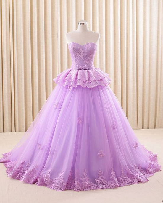 Strapless Purple Lace Ball Gown Formal Evening Gown