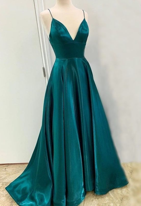 Simple A-line Spaghetti Straps Backless Satin Prom Formal Graduation Evening Dresses main image 1