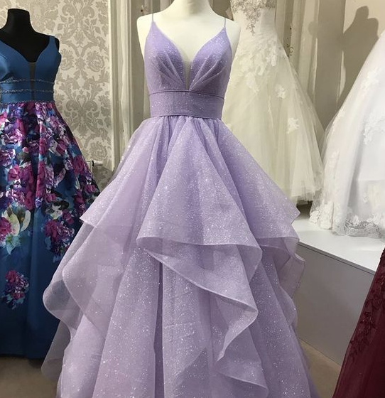 Elegant Purple V‑Neck Tulle Sequin Floor‑Length Prom Dress