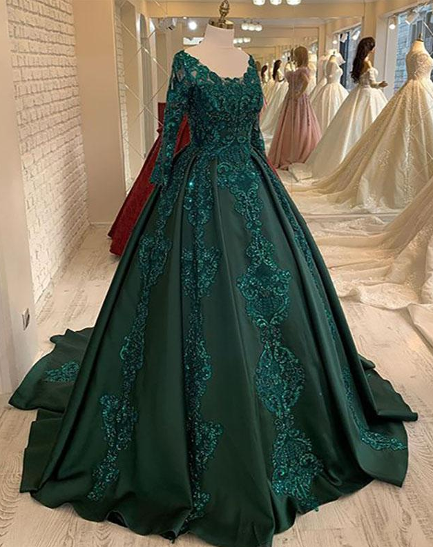 Long Sleeves Green Ball Gown Prom Dress ...