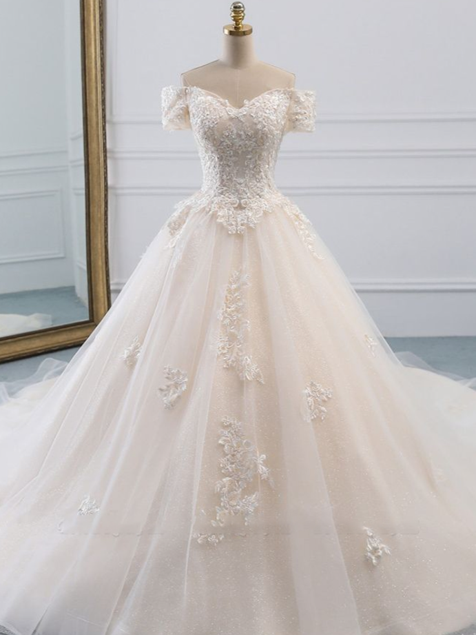 Affordable Off-the-shoulder Tulle Lace Wedding Dress
