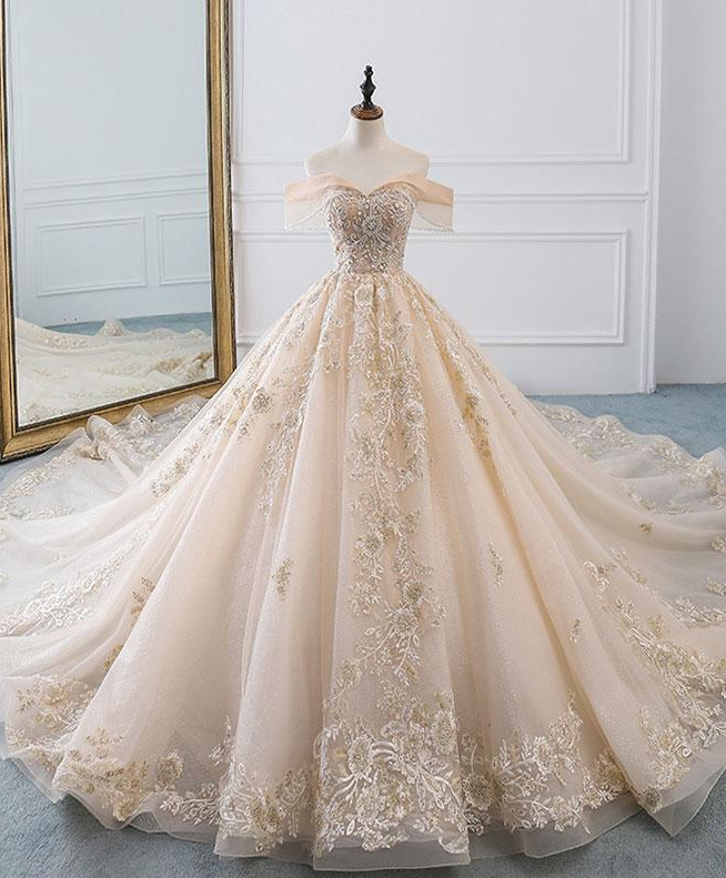 Champagne Off Shoulder Tulle Lace Wedding Dress