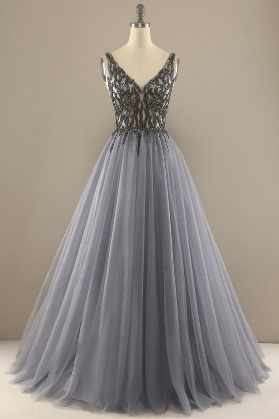 A-line V-neck Beaded Grey Tulle Long Prom Dress, WGP320