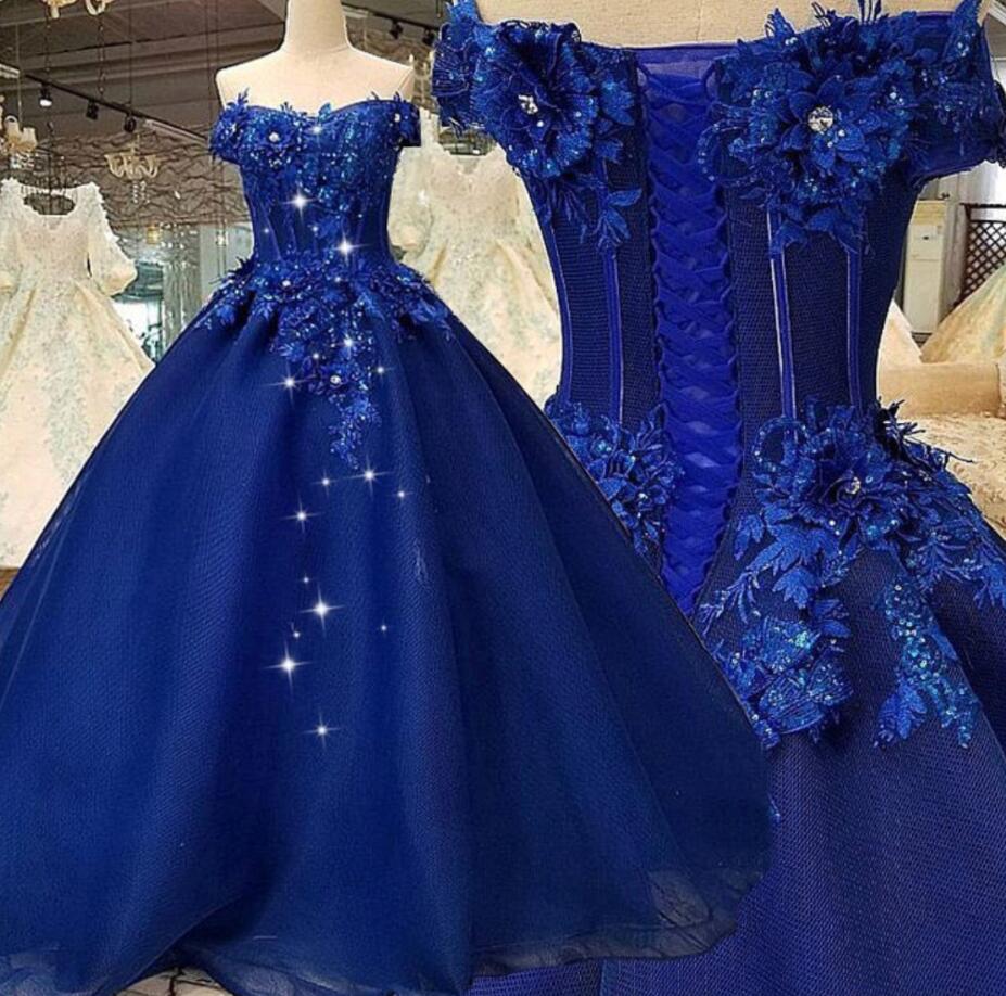 Off The Shoulder Ball Gown Royal Blue Prom Dress