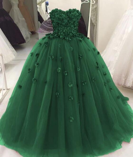 Sweetheart Green Ball Gown Quincenera Dresses With Flowers