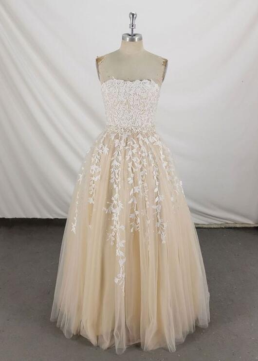 A Line Champagne Sweetheart Gold Crystals Tulle Prom Dress LBQ2416