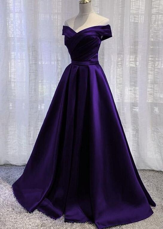 Off Shoulder Dark Purple Satin Long Prom Dress