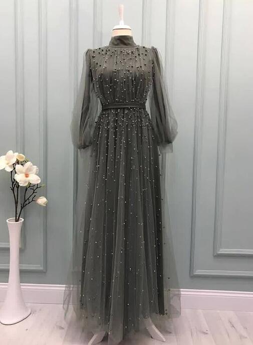 Grey Tulle Long Prom Dress, Evening Dress