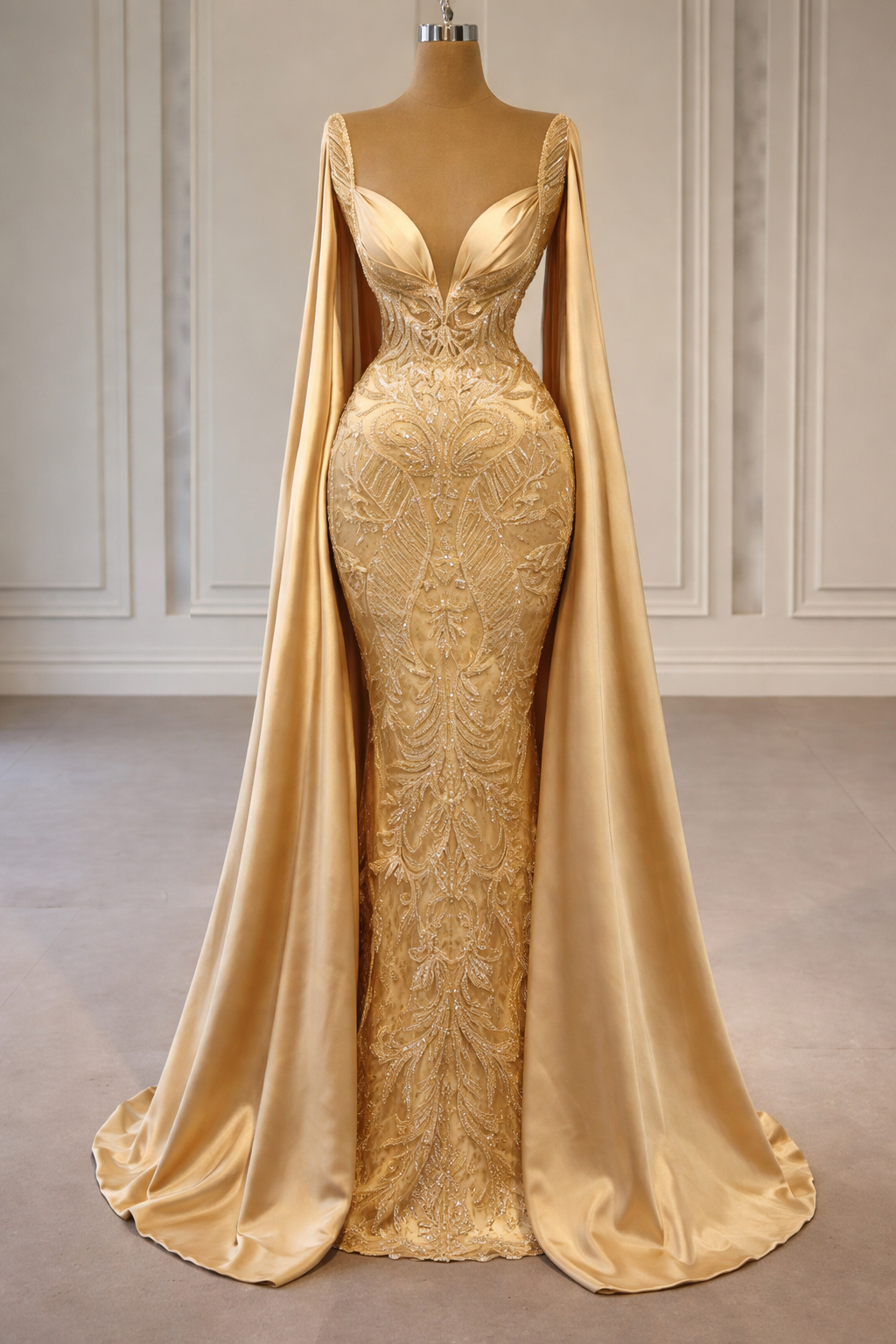 Gold Beaded Mermaid Evening Gown With Satin Cape Sleeves And Corset Back Gold Beaded Mermaid Evening Gown With Satin Cape Sleeves And Corset Back
