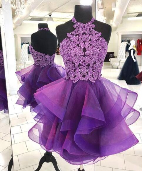 Purple Tulle Lace Short Prom Dress