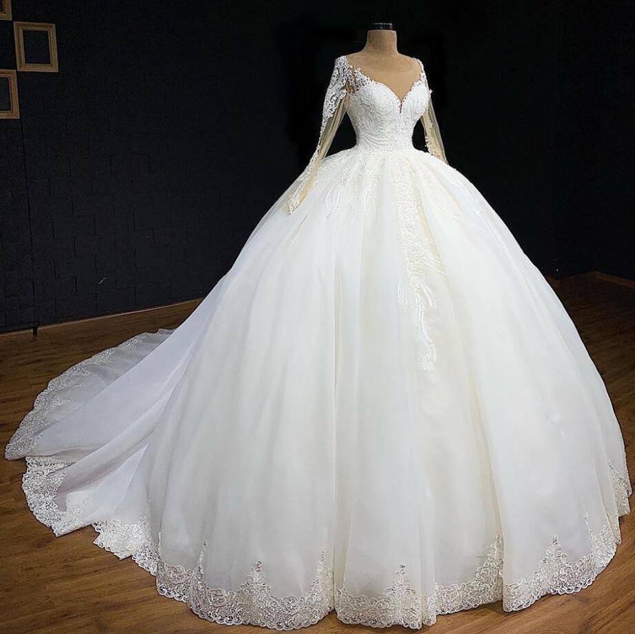 Ball Gown V Neck White Tulle Lace Wedding Dresses