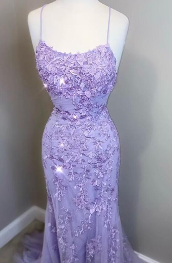 Simple Lavender Lace Long Prom Dress
