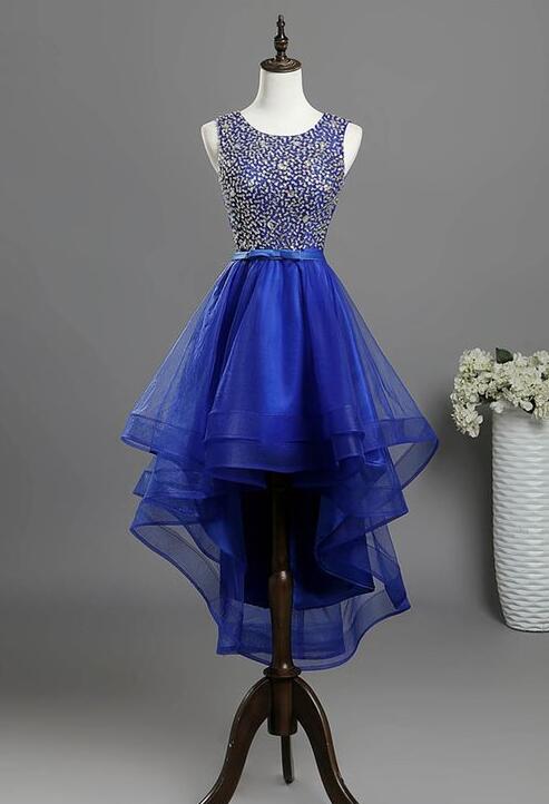 Royal Blue Tulle High Low Sequins Homecoming Dress
