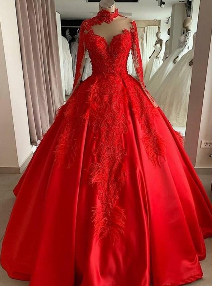 Red Ball Gown High Neck Quinceanera Dresses