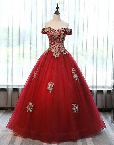 Burgundy Tulle Off Shoulder Prom Dress With Lace Applique