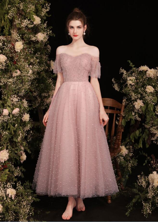 Sweetheart Tulle Tea Length Pink Prom Dress