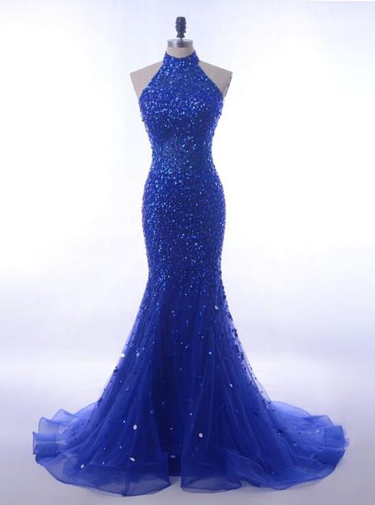 Sequin Crystals Evening Party Dress Long Royal Blue Mermaid Prom Dresses