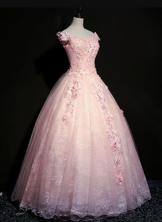Pink Tulle V Neck Short Sleeve Evening Dress, Senior Prom Dress