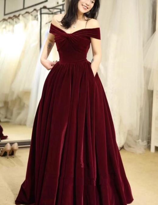Off Shoulder Elegant Velvet Long Party Dress, Prom Dresses
