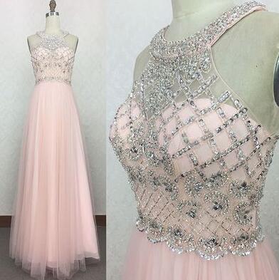 Elegant Tulle Pink Beads Prom Dress
