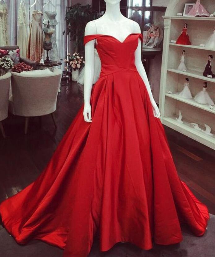 Off The Shoulder Red Satin Long Prom Dress