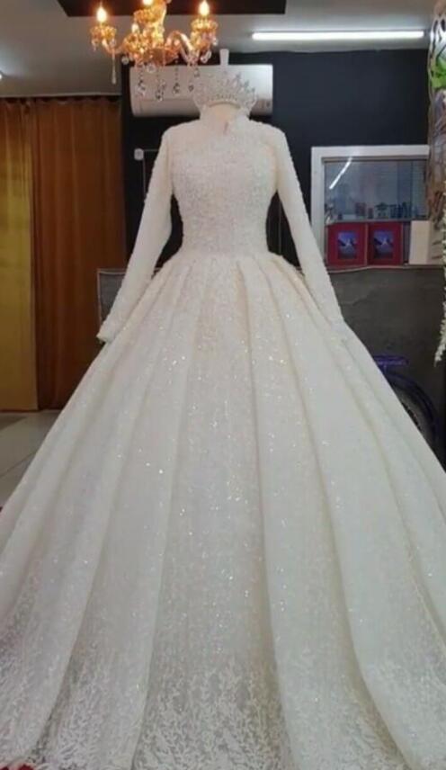 A Line Long Sleeve Wedding Dress Long Prom Dress, Evening Dress