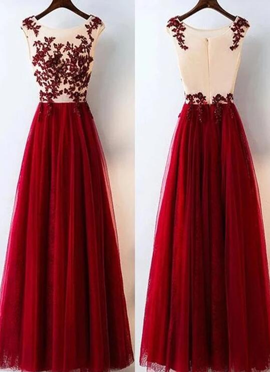 A-line Pretty Burgundy Lace Tulle Long Prom Dress, Evening Gown