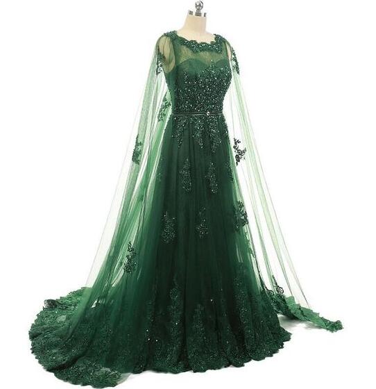 Emerald Greenlace Prom Dresses With Long Appliques Tulle Cape