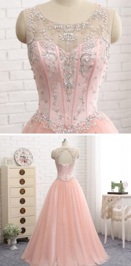 Sexy Open Back Blush Pink Prom Dress, Scoop Neckline Evening Dress