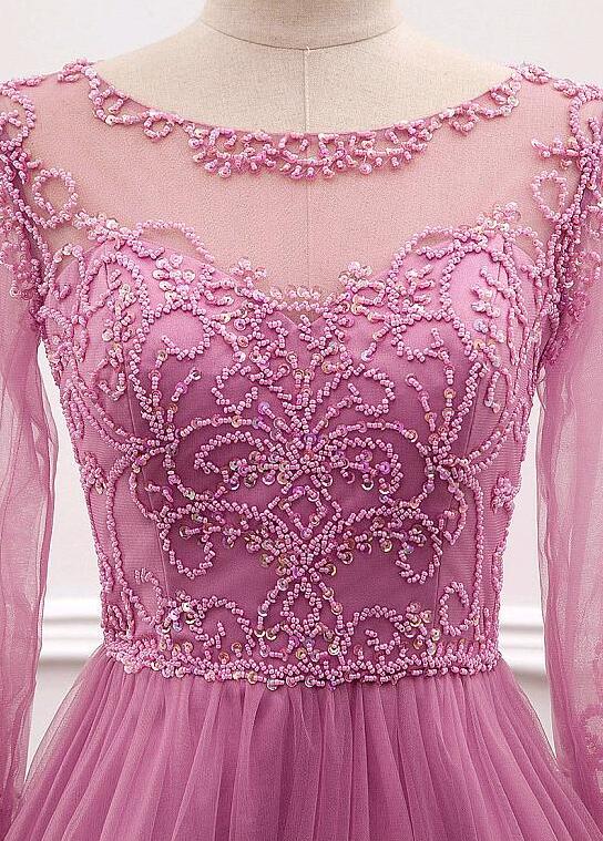 A-line Tulle Satin Jewel Neckline Illusion Sleeves Prom Dress
