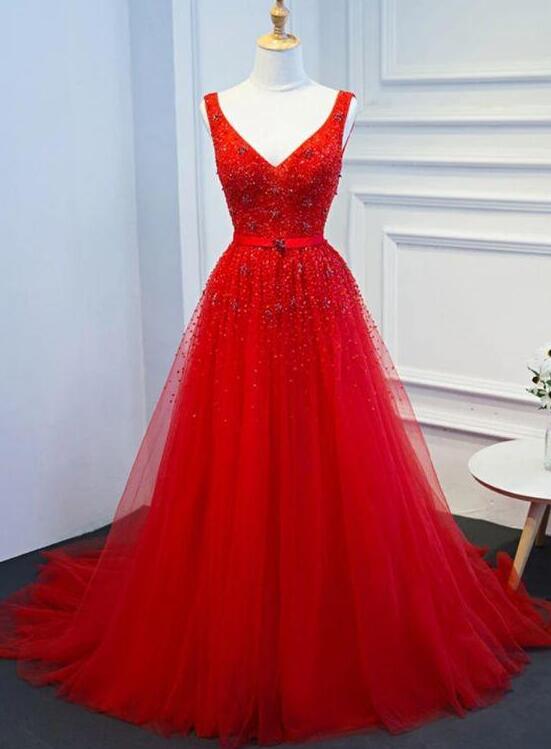 Beadings Tulle Long Party Dress With Belt, Red Tulle Formal Dress