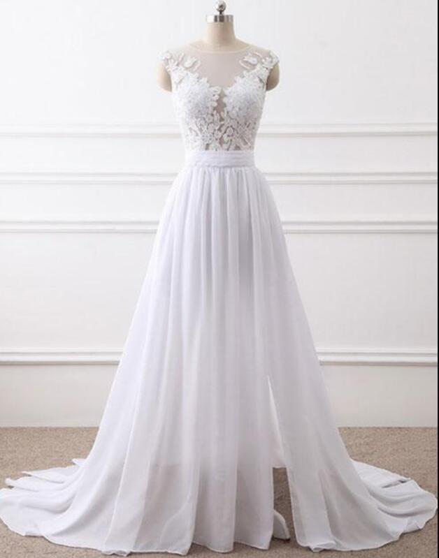 White Round Neck Top Lace Chiffon Wedding Dress