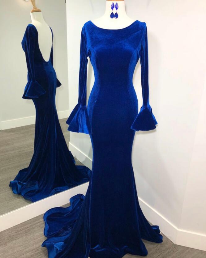 Royal Blue Long Sleeves Velvet Prom Dresses,backless Formal Dresses