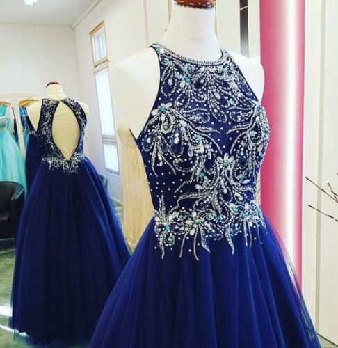 Royal Blue Tulle Beaded Prom Dresses,fashion Prom Dress