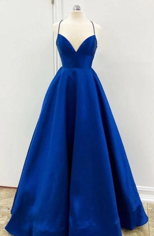 Royal Blue V Neck Backless Satin Prom Dress, Backless Formal Dress
