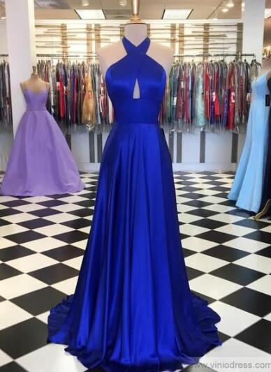 Halter Royal Blue Long Prom Dresses Formal Dress