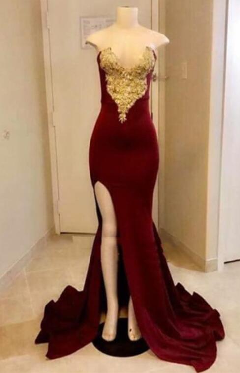 Burgundy And Gold Appliques Sheath Sweetheart Side Slit Long Prom Dresses