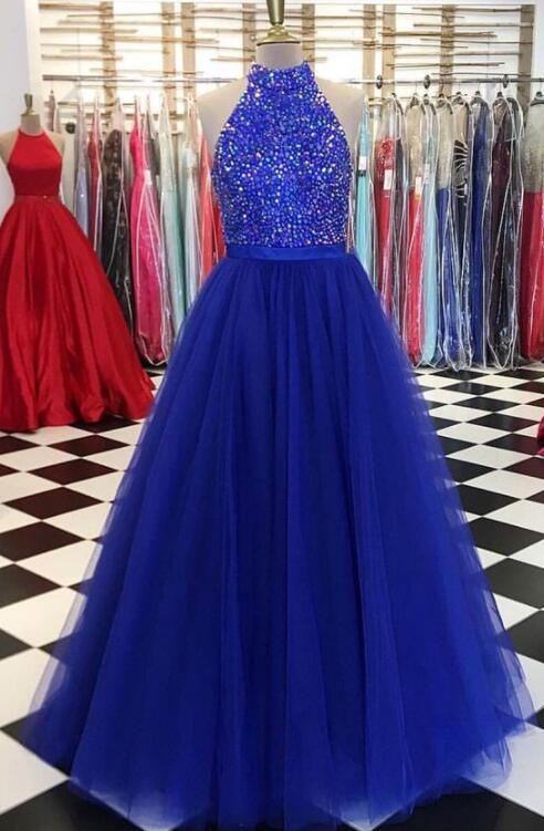 A Line Blue Tulle Beads Long Prom Dress