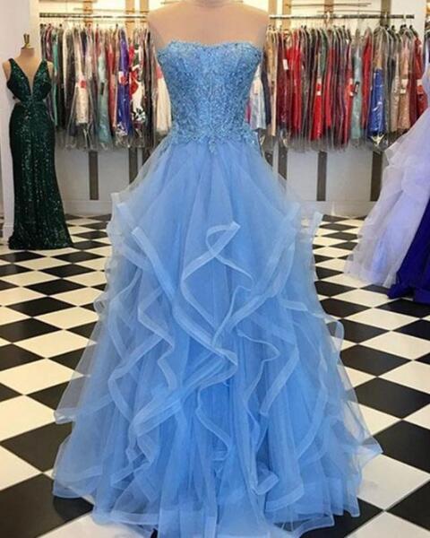 A Line Blue Lace Tulle Prom Dresses